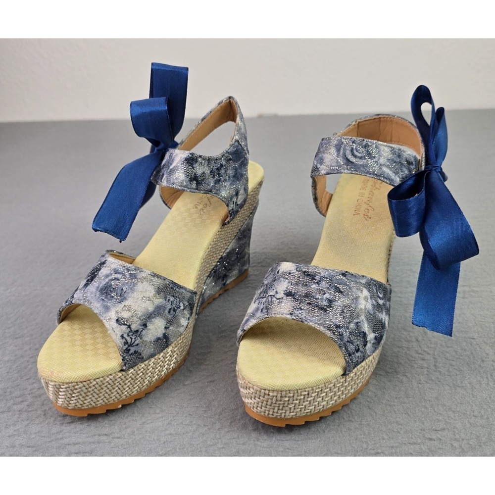 Floral Wedge Espadrille Sandals Blue Gray Ankle Strap Bow Size 41 US 10 Boho
